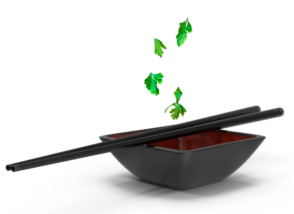 Sakura of Japan teriyaki bowl with chopsticks and falling parsley