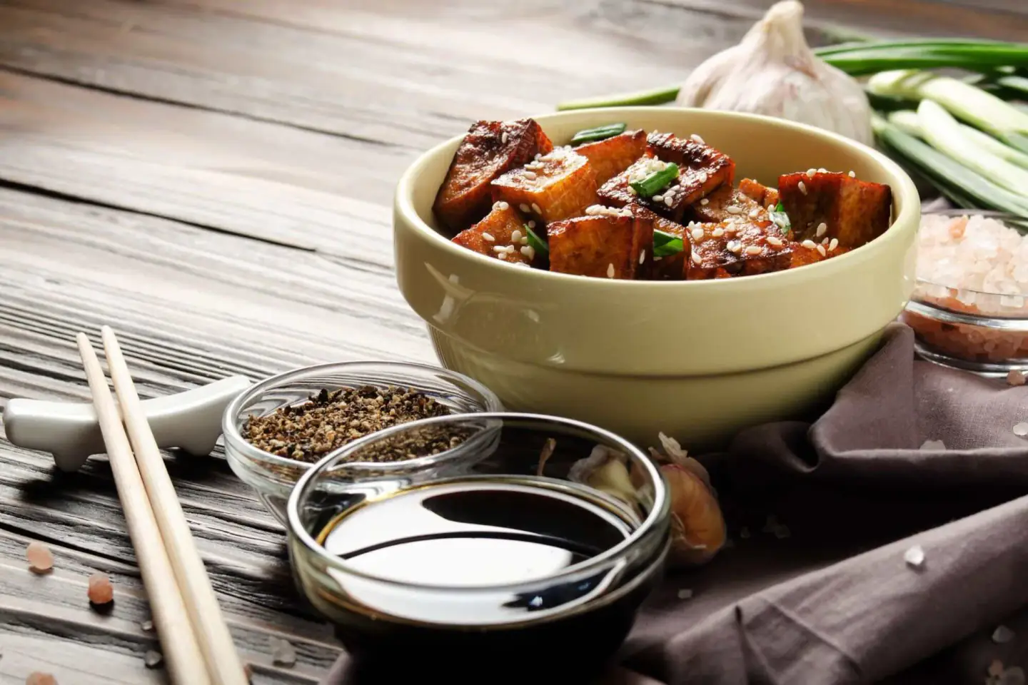 Sakura of Japan teriyaki takeout bowl with glazed tofu, soy sauce and chopsticks