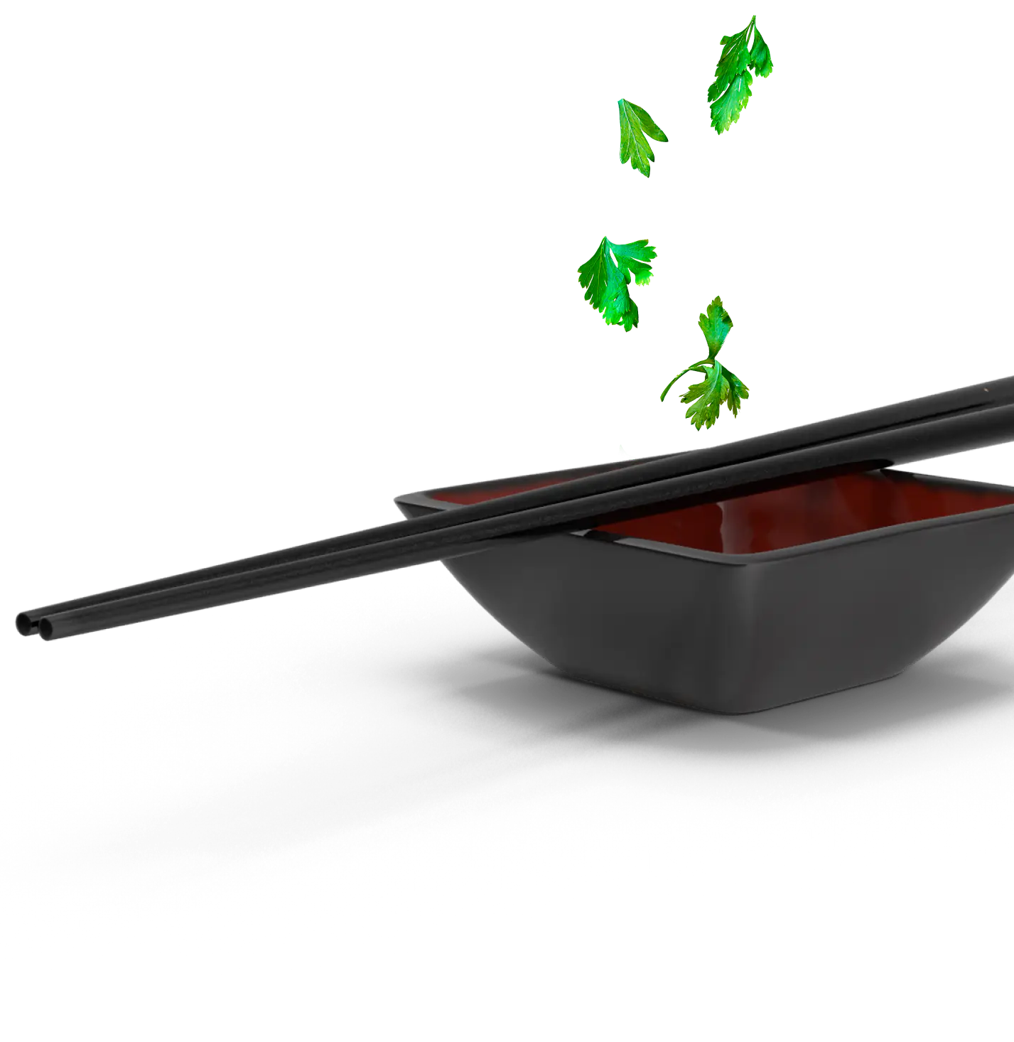 Sakura Teriyaki chopsticks and dipping dish with falling green herbs