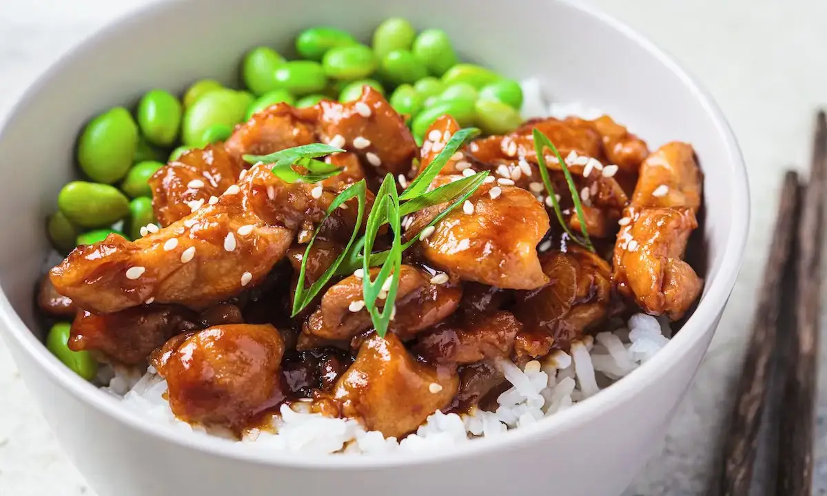 Sakura of Japan teriyaki chicken bowl with rice and edamame