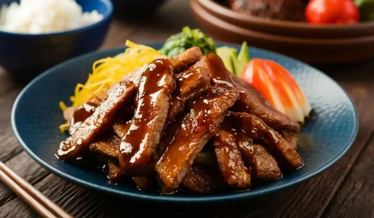 Glazed sliced beef teriyaki on a blue plate with rice and vegetables