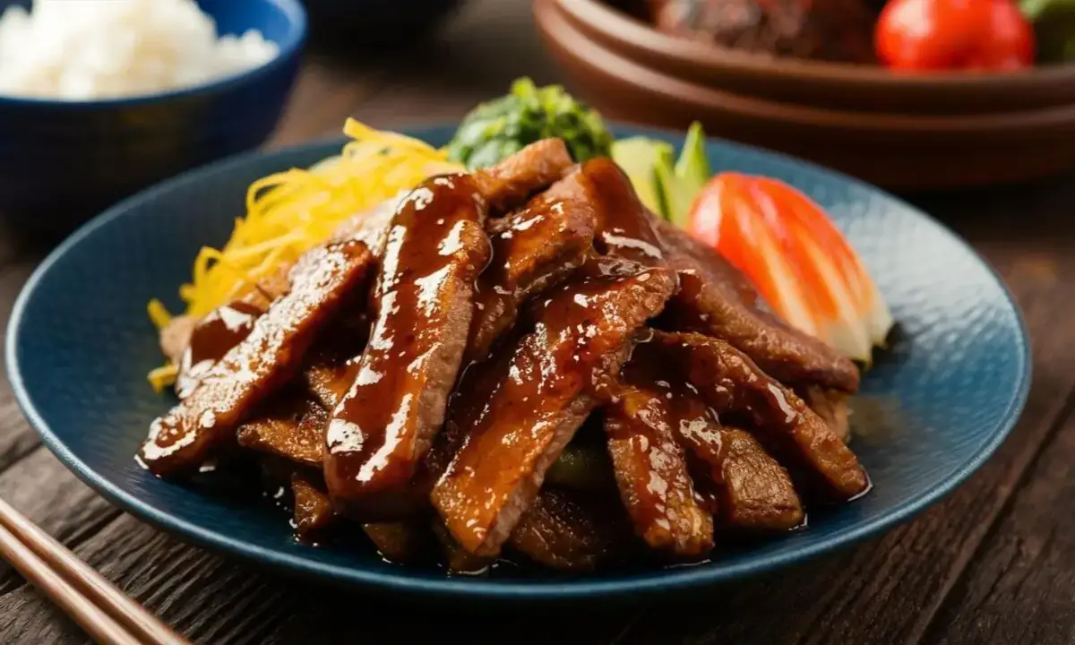 Sliced beef teriyaki glazed in sauce on bowl with rice and garnishes
