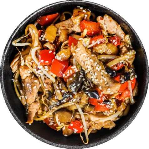 Sakura of Japan chicken teriyaki bowl with red pepper, bean sprouts, sesame